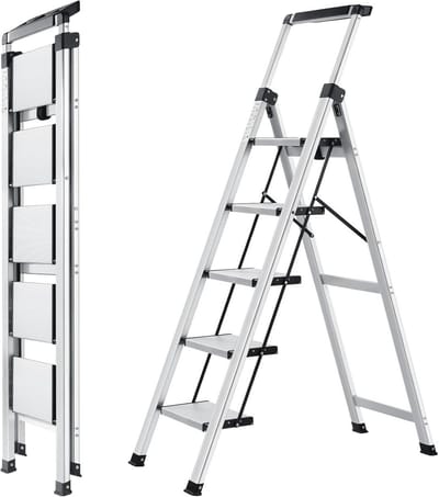 Aluminium Vouwladder met Handgreep - 5 Treden, Gewicht Capaciteit tot 150 kg, Opvouwbare en Antislip Ladder