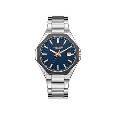 Lee Cooper LC08252.690 - Horloge - Polshorloge - Analoog - Heren - Mannen - Stalen band - Metaal - Achthoek - Strepen - Datumaanduiding - Zilverkleurig - Rosékleurig - Donkerblauw - Wit - Zwart