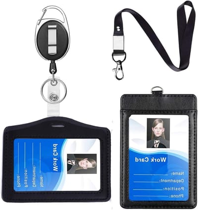 Echt Lederen Badge Houder Lanyard Set - Dubbelzijdige ID Kaarthouder - 4 Stuk - Zwart