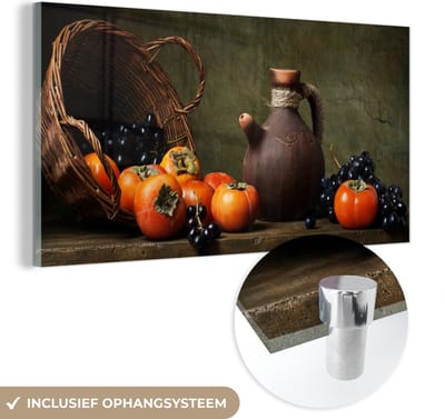 MuchoWow® Glasschilderij 120x60 cm - Schilderij acrylglas - Rustiek - Fruit - Kan - Mand - Stilleven - Foto op glas - Schilderijen