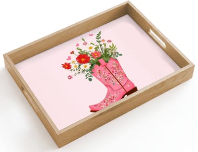 Dienblad hout 40x30 cm - Schootdienblad - Cowboylaarzen - Roze - Boeket - Bloemen - Borrelplank rechthoek - Plateau dienbladen