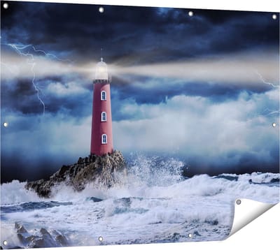 Gards Tuinposter Vuurtoren op een Storm Zee met Golfen Water - 120x90 cm - Tuindoek - Tuindecoratie - Wanddecoratie buiten - Tuinschilderij