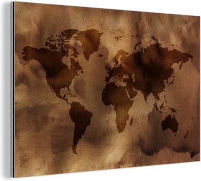 Wanddecoratie Metaal - Aluminium Schilderij Industrieel - Wereldkaart - Bruin - Patronen - 180x120 cm - Dibond - Foto op aluminium - Industriële muurdecoratie - Voor de woonkamer/slaapkamer