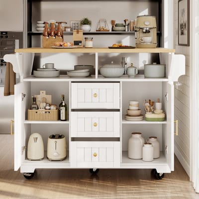 MODFU Keukeneiland - Uitschuifbaar Met Wielen En Opklapbaar Blad - Modern - Voor Keuken En Eethoek - MDF En Metaal - Wit - 120 X 40/80 X 95 Cm