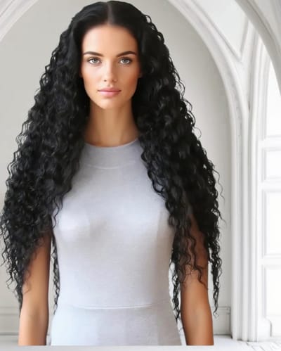 Frazimashop – Zwarte hittebestendige damespruik – Lang krullend haar – T-Lace Wig 13x1 – Hoge kwaliteit synthetisch – 75 cm