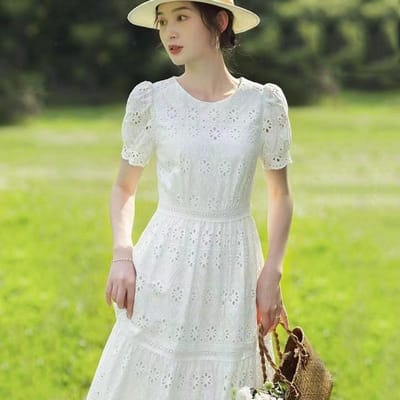 Witte Ronde Hals Franse Jurk Dames Zomer Nieuw Dameskleding Taille Temperament Lange Rok Hol S white