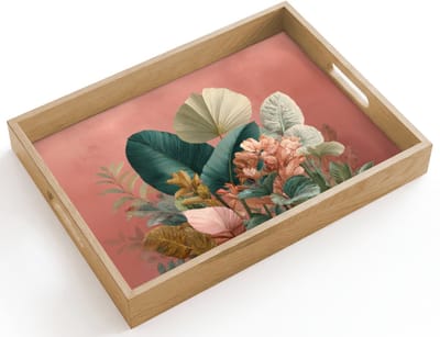 Dienblad hout 40x30 cm - Schootdienblad - Tropische bladeren - Bloemen - Roze - groen - Borrelplank rechthoek - Plateau dienbladen
