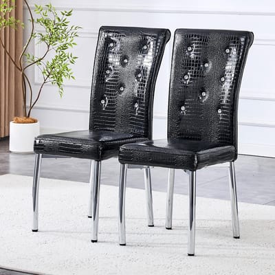 BLACKCOLORS Set van 2 eetkamerstoelen bekleed met retro alligatorleer, met kristallen gesp en kunstleer, voor een vleugje elegantie en mysterie in de eetkamer, poten van gegalvaniseerd metaal