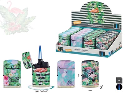Jet Flame turbo wind aanstekers - 20 stuks in display soft aansteker - 360° Flamingo print - Crème Brûlée Brander