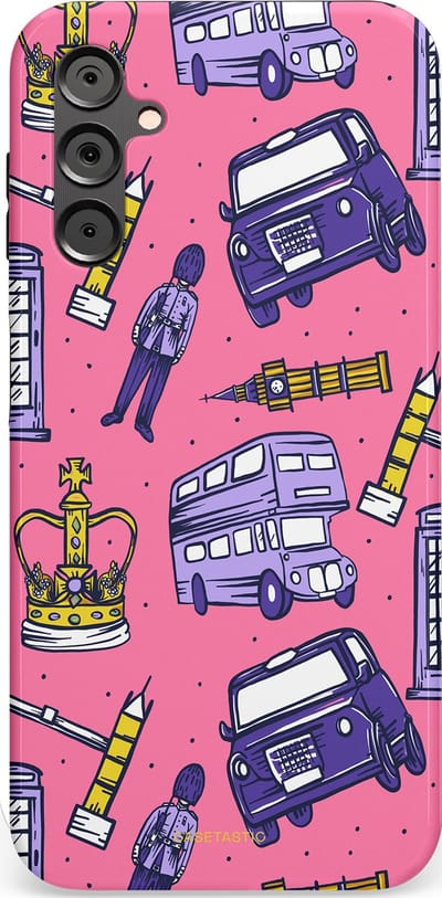 Casetastic Hoesje Geschikt voor Samsung A14 (5G/4G) - Stijlvolle Beschermende Duo-layer Case - Brits London Roze Avontuur - Londen