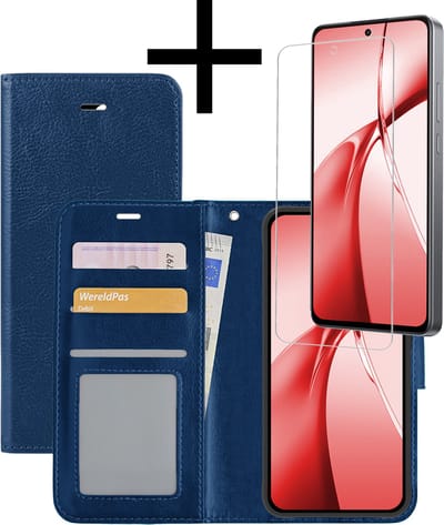 Hoesje - Met Screenprotector - Geschikt voor OnePlus Nord CE4 - Luxe Pasjeshouder - Bookcase Portemonee - Flip Case - Kunstleer Book Case - Flipcase - Book Cover - Walletcase - Portemonneehoes - Donkerblauw
