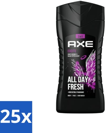 AXE - 3-in-1 Douchegel - Excite - Lichaam, Gezicht & Haar - Verleidelijke Geur - 250 ml - Bulkverpakking - 25 stuks