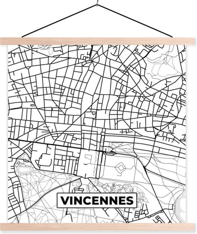 Posterhanger incl. Poster 40x40 cm - Schoolplaat - Frankrijk – Vincennes - Plattegrond – Stadskaart – Kaart - Zwart wit - Textielposter - Blanke latten - Stadskaart