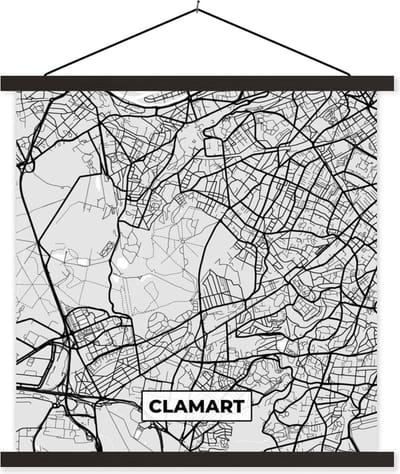 Posterhanger incl. Poster 60x60 cm - Schoolplaat - Kaart - Stadskaart - Clamart - Plattegrond - Frankrijk - Textielposter - Zwarte latten - Stadskaart