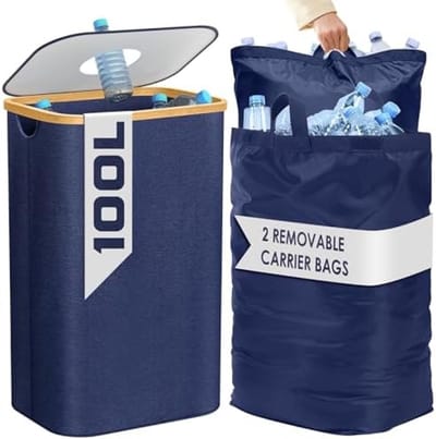 PromoHome Keuken Afvalbak met 2 Extra Grote Draagtassen - Recyclingsysteem voor Afvalscheiding - Opvouwbare Prullenbak voor Statiegeldflessen en Glas - Blauw