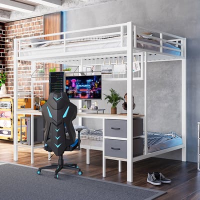 Komhtom Hoogslaper, 90*200 en 140*200, ijzeren frame, lades, planken voor opbergruimte, rek voor ophangen, bureau, met LED-strip in 7 kleuren, USB-poort, zonder matras, wit