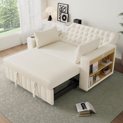 MODFU Slaapbank - Verstelbare Rugleuning En USB-Aansluiting - Modern - Chenille - Beige - 140 x 137 x 84 cm