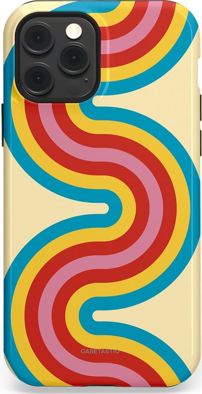 Casetastic hoesje geschikt voor Apple iPhone 12 / Apple iPhone 12 Pro - MagSafe - Dubbellaagse bescherming - Retro kronkels - Fashion Case - Crème Lichtblauw Goud Rood