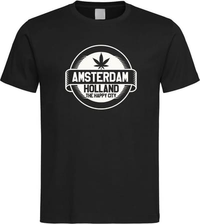 Zwart T shirt met wit  " Amsterdam / The Happy City " print size M