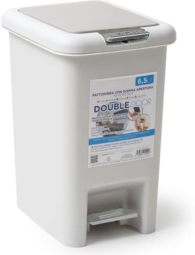 Kleine kunststof vuilnisemmer 6,5 liter met dubbele opening en pedaal, minimalistisch design voor thuis en badkamer