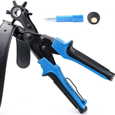 Gaatjestang voor riem - Professionele Gatentang - Gaatjesmaker - Ponstang - Extra sterk en scherp - Revolvertang - Leergereedschap - Gatenmaker - Ponstang - Ergonomisch en duurzaam - Met Onderdelen - Blauw/Zwart