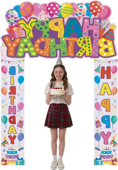 Kleurrijke Verjaardagsdeur Banner Versieringen met Ballonnen en Taart voor Vrouwen en Meisjes, Perfect voor Verjaardagsfeestjes en Fotomomenten