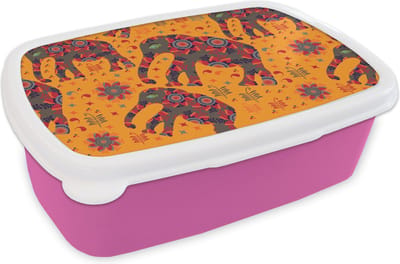 Broodtrommel Roze - Lunchbox - Brooddoos - Olifant - Ornament - Bloemen - Patroon - 18x12x6 cm - Kinderen - Meisje