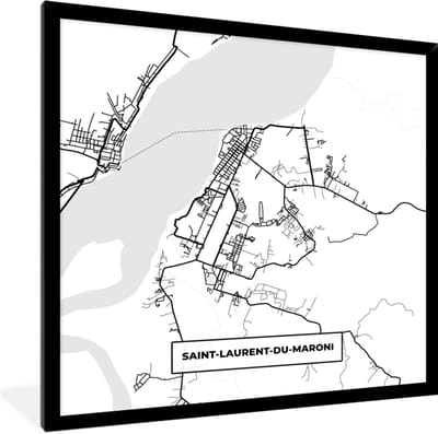Fotolijst incl. Poster Zwart Wit- Stadskaart - Saint-Laurent-du-Maroni - Plattegrond - Kaart - Frankrijk - Zwart wit - 40x40 cm - Posterlijst