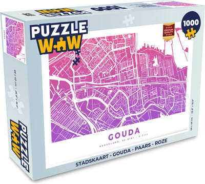 Puzzel Stadskaart - Gouda - Paars - Roze - Legpuzzel - Puzzel 1000 stukjes volwassenen - Plattegrond