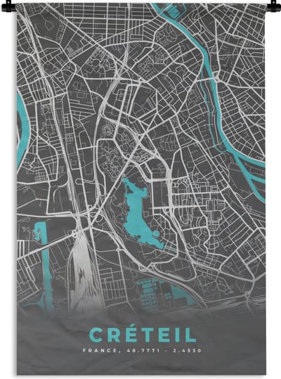 Wandkleed - Wanddoek - Créteil - Frankrijk - Plattegrond - Kaart - Stadskaart - 120x180 cm - Wandtapijt