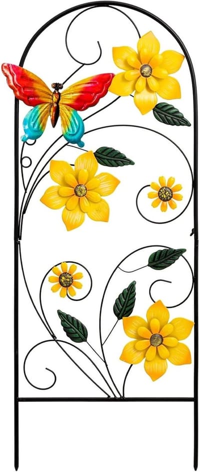 Metalen Tuinpaal - Bloem Vlinder Decoratie - Tuin Verfraaien - Handgeschilderd Design - 34 Inch Hoog - Gouden Geel