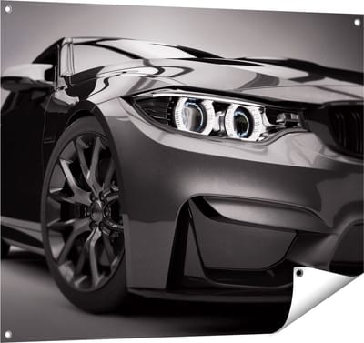 Gards Tuinposter Grijze Sportwagen Auto - Zwart Wit - 100x80 cm - Tuindoek - Tuindecoratie - Wanddecoratie buiten - Tuinschilderij