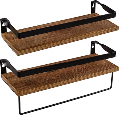 Handdoekrek keuken - Muurplank - Wandplank - Draagvermogen 15 kg - Zwevend - Set van 2 stuks - MDF - Staal - Bruine houttinten - 40 x 15 x 16 cm