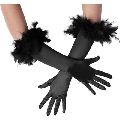 dressforfun - Lange satijnen handschoenen met veren zwart - verkleedkleding kostuum halloween verkleden feestkleding carnavalskleding carnaval feestkledij partykleding - 304589