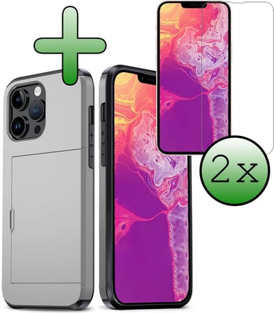 Hoes Geschikt voor iPhone 14 Pro Hoesje Hard Case Met Pas Houder Met 2x Screenprotector - Hoesje Geschikt voor iPhone 14 Pro Hoes Shockproof Hard Cover Met Kaarthouder - Grijs