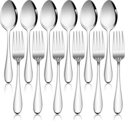 Vork- en lepelset, 12 stuks, roestvrij staal, bestekset voor thuis, restaurant, hotel, hoogglans gepolijst en vaatwasmachinebestendig, 6 eetlepels (17.1 cm) + 6 tafelvorken (18 cm)