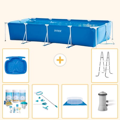 Intex Rechthoekig Frame Zwembad - 450 x 220 x 84 cm - Blauw - Inclusief Onderhoudspakket - Schoonmaakset - Grondzeil - Zwembadfilterpomp - Voetenbad - Ladder - 7-delig