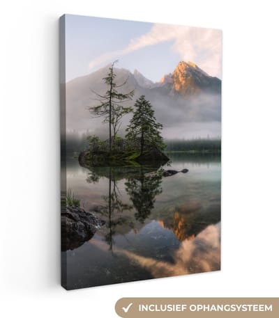 Canvas schilderij 20x30 cm - Wanddecoratie Water - Landschap - Berg - Bomen - Muurdecoratie woonkamer - Slaapkamer decoratie - Kamer accessoires - Schilderijen op canvas