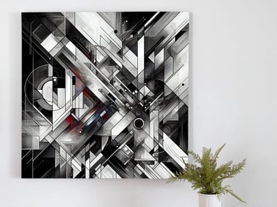 Abstract zwart wit schilderij | Monochrome mysterie: een spel van abstracte lijnen en contrasten | Kunst - 20x20 centimeter op Canvas | Foto op Canvas