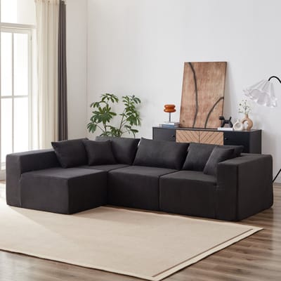 MIVRAY Hoekbank 335 x 95 x 71 cm - Modulair L-Vormig 4-Zits Sofa Zonder Montage - Voor Woonkamer En Slaapkamer - Cord Zwart