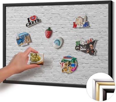 Wallfluent - Grijs Magneetbord Met Decoratieve Patronen - 70 cm x 50 cm - Magneetbord met Zwarte Frame - Bakstenen muur lichte muur - Design Magneetbord met Frame - Memobord voor Keuken - Magnetisch Bord Muurbevestiging