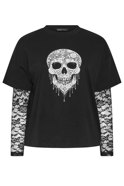 Limited Collection Zwart Tshirt Met Schedelprint En Kanten Mouwen Size 38