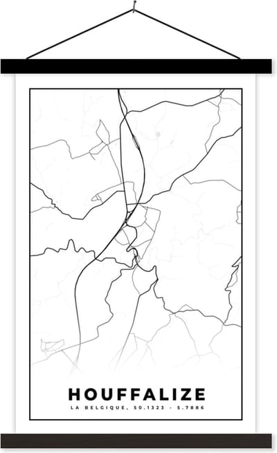 Posterhanger incl. Poster 40x60 cm - Schoolplaat - België – Houffalize – Stadskaart – Kaart – Zwart Wit – Plattegrond - Textielposter - Zwarte latten - Stadskaart