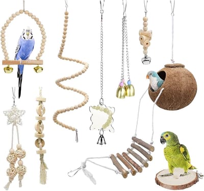 OLOEY 9-delige set kauwspeelgoed voor papegaaien - Natuurlijk hout & touw- elastisch speelgoed voor ansjovis- kokosnoot schuilplaats met ladder- zitstok- kooiaccessoires voor parkieten- valkparkieten- conures- spreeuwen en ara's