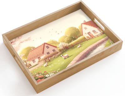 Dienblad hout 40x30 cm - Schootdienblad - Schapen - Huisje - Platteland - Borrelplank rechthoek - Plateau dienbladen