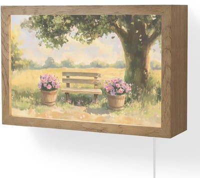 Wandlamp 30x20 cm - Oplaadbaar - Houten bankje - Bloempotten - Landschap - Wandlampen binnen woonkamer - Slaapkamer lamp met kabel - Decoratieve nachtlamp - Vloerlamp snoer