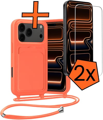 Hoesje Geschikt voor iPhone 17 Pro / 18 Pro Hoesje Met Telefoonketting Pasjeshouder Case Met 2x Screenprotector Koord - Hoesje Geschikt voor iPhone 17 Pro / 18 Pro Hoes Met Kaarthouder - Papaya