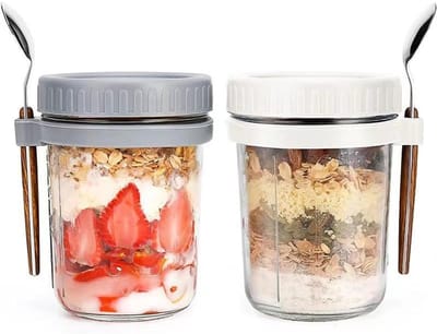 Famanu – 2 stuks havercontainers - overnight haverglazen - met deksel en lepel - 400 ml mueslibeker om mee te nemen - yoghurtbeker om mee te neme