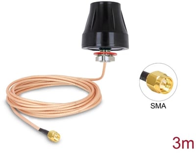 LTE-antenne SMA-plug 2 DBI Vaste omnidirectionele met verbindingskabel (RG-316U, 3 m) Buiten zwart