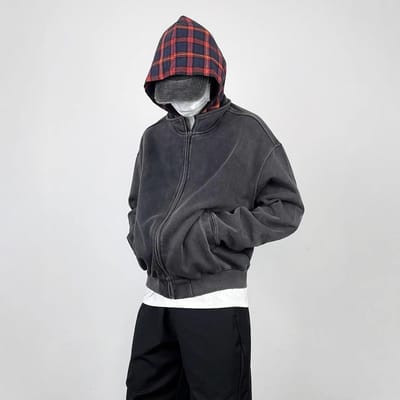 Pull à capuche rétro délavé faux deux pièces pour homme, cardigan zippé d'hiver 2XL noir